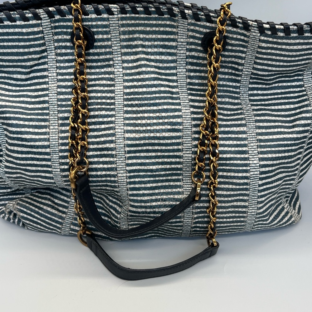 Tory Burch Navy and White Striped Chain-Handle Tote - Picture 5 of 9